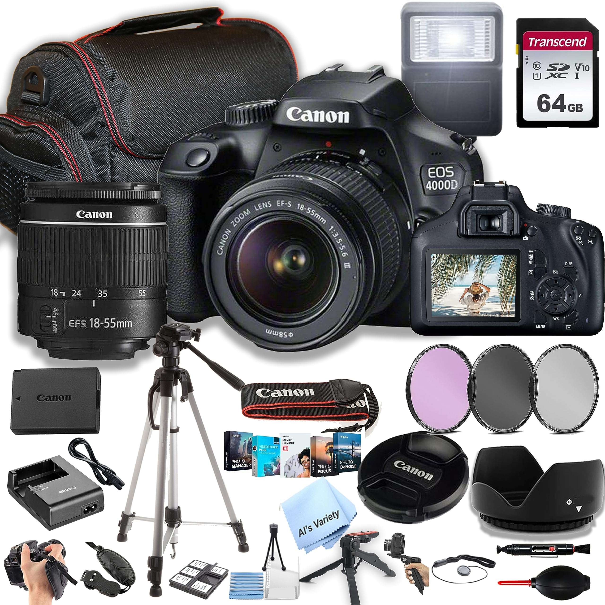 Canon EOS 4000D / Rebel T100 DSLR Camera w/EF-S 18-55mm F/3.5-5.6 Zoom Lens + 64GB Memory, Filters,Case, Tripod, Flash, and More (34pc Bundle) (Renewed) - Image 1