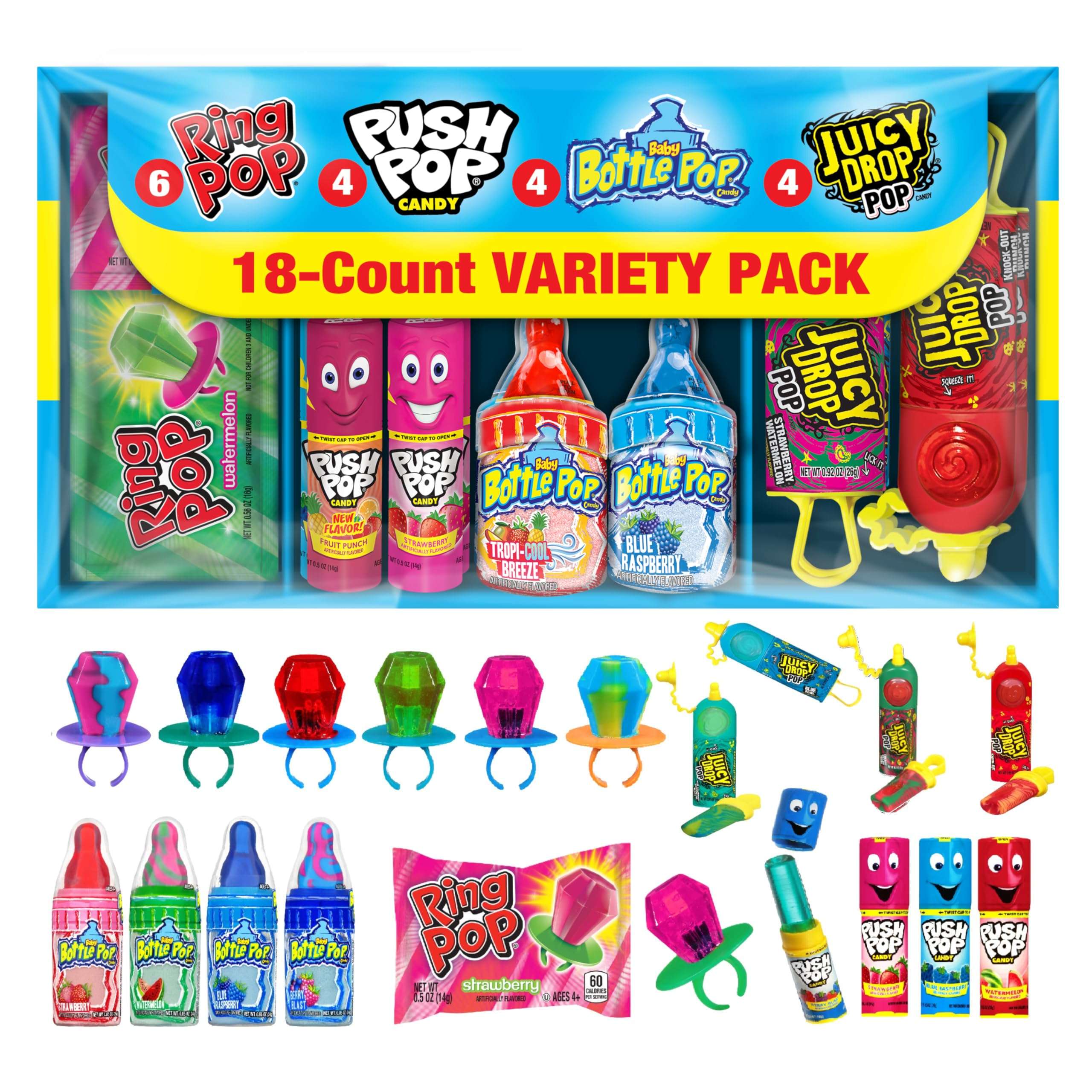 Candy Variety Pack, 18 Count Assorted Lollipops, Bulk Individually Wrapped Ring Pop, Push Pop, Baby Bottle Pop & Juicy Drop, Ideal for Birthdays, Party Favors for Kids & Hard Candy Gifts - Image 1