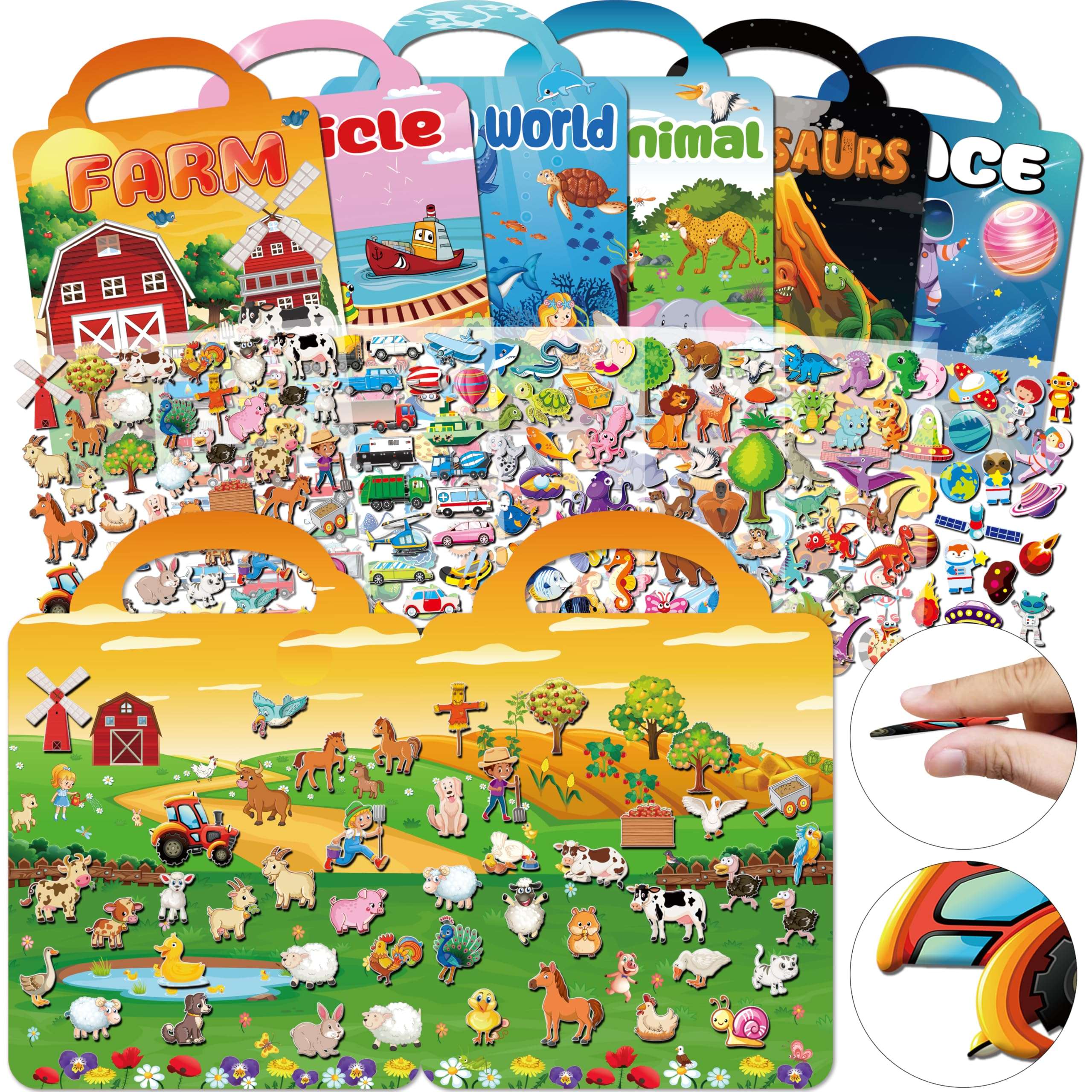 Kalysky 6Set Puffy Sticker Books for Kids 2-4, 3D Reusable Stickers Books for Toddlers 1-3,2-4,Farm+Animal+Dinosaurs+Ocean World+Space+Vehicle - Image 2