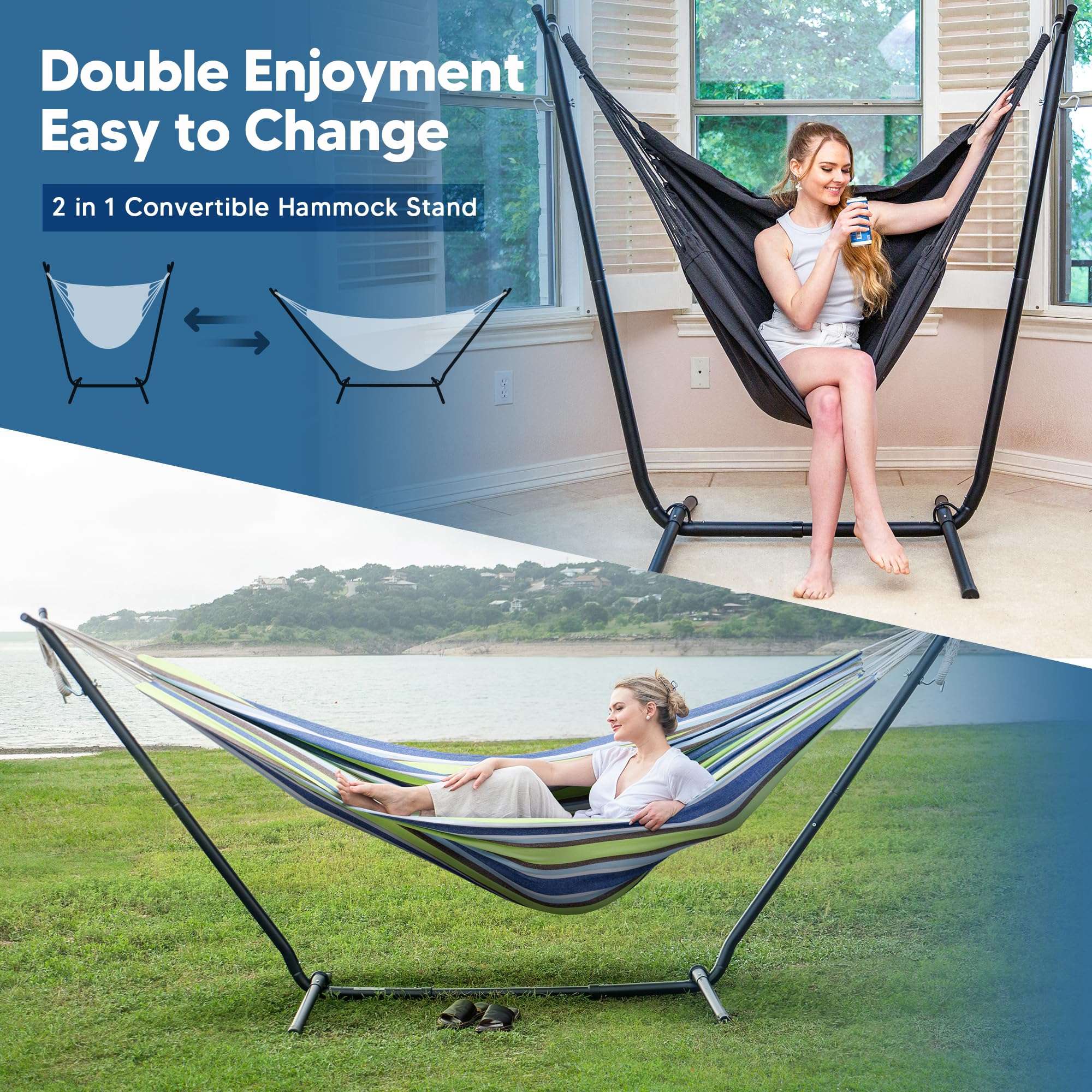 SUNCREAT 2-in-1 Convertible Backyard Fabric Hammock with Stand, Large Hammocks for Outside, Patent Pending, Light Green Stripes - Image 3