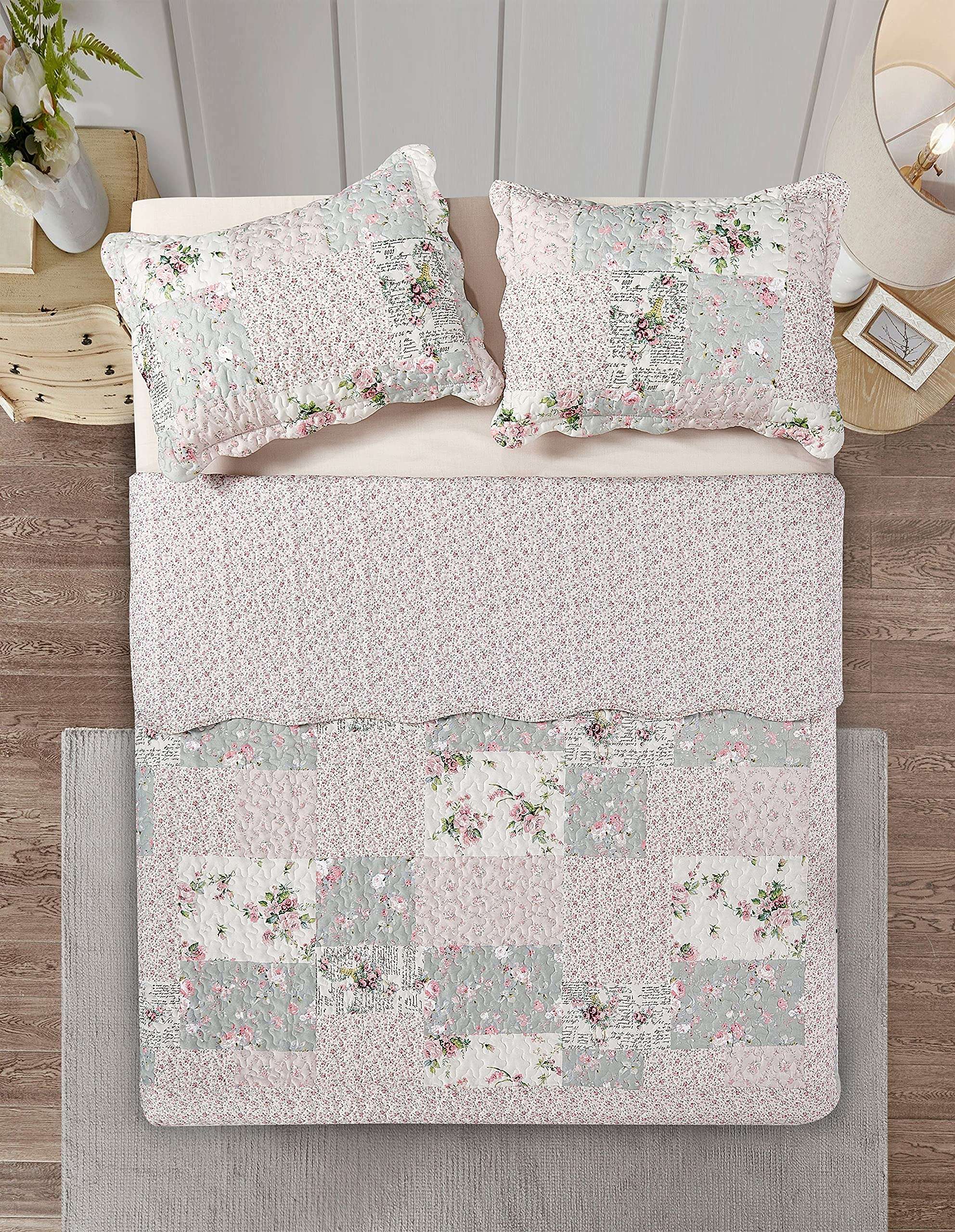 Brilliant Sunshine Rose and Sage Quilt Set, 3-Piece Bedding Sets, Traditional Patchwork Design, Washable and Reversible Bedspread, Soft Lightweight Coverlet, All-Season, Full/Queen, Light Pink Green - Image 4