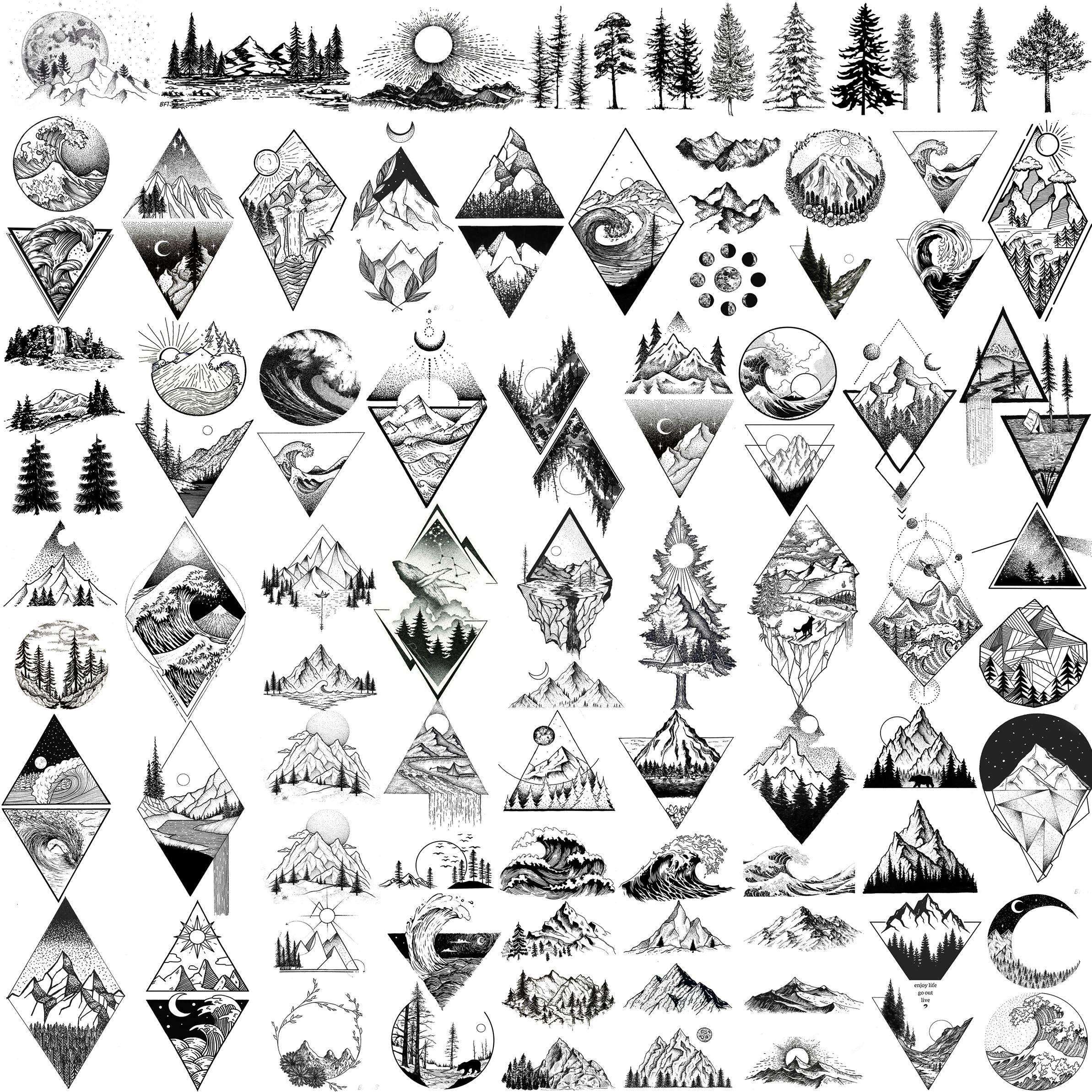GOROMON 52 Sheets Small Black Mountain Temporary Tattoos For Men Women Adult, Geometric Sea Weave Forest Pine Tree Realistic Tattoo Sticker For Kids Children, Moon Sun Star Triangle Tatoos Outer Space - Image 1