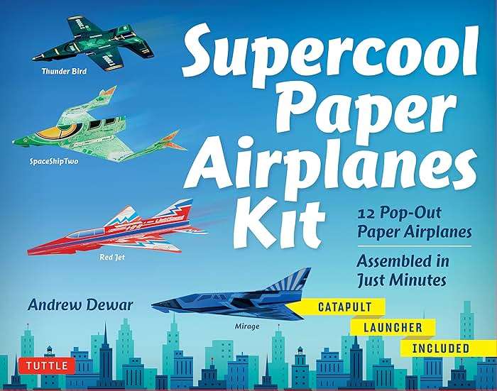 Supercool Paper Airplanes Kit: 12 Pop-Out Paper Airplanes Assembled in About a Minute: Kit Includes Instruction Book, Pre-Printed Planes & Catapult Launcher - Image 1
