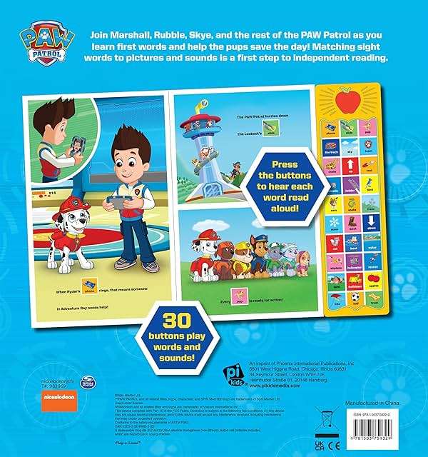 PAW Patrol Chase, Skye, Marshall, and More! First Words 30-Button Sound Book Great for Early Learning PI Kids - Image 2