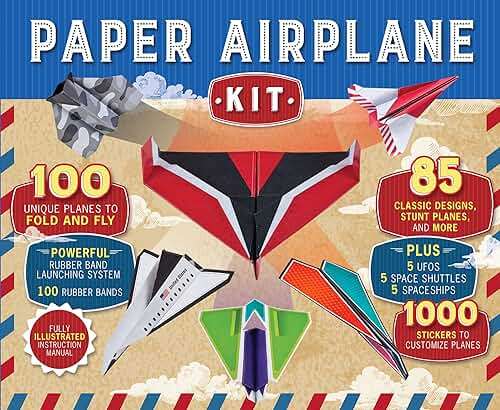 Paper Airplane Kit: 100 Planes to Fold & Fly, 1000 Stickers, Launcher & 100 Rubber Bands | Colorful Sheets | STEM Family Gift for Ages 7 and Up - Image 1