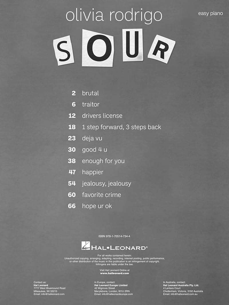 Olivia Rodrigo - Sour | Easy Piano Songbook with Lyrics and Chords | Includes Drivers License, Good 4 U, Deja Vu and More | Hal Leonard Pop Sheet Music Collection - Image 2