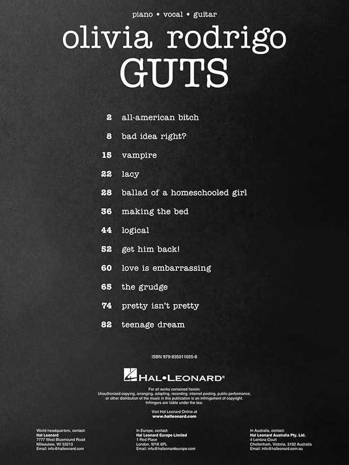 Olivia Rodrigo - Guts Piano/Vocal/Guitar Songbook | 12 Pop Hits for Singers and Musicians | Sheet Music for Piano Voice and Guitar | Music Book for Teen Fans Students and Music Teachers - Image 2