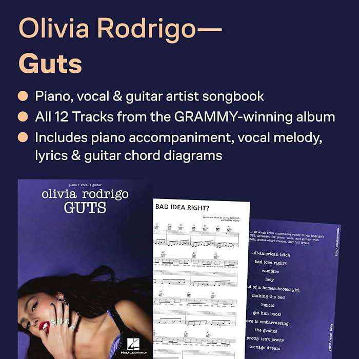 Olivia Rodrigo - Guts Piano/Vocal/Guitar Songbook | 12 Pop Hits for Singers and Musicians | Sheet Music for Piano Voice and Guitar | Music Book for Teen Fans Students and Music Teachers - Image 3
