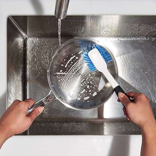 OXO Good Grips Dish Brush, Nylon Bristles with Built-in Scraper, Safe for Non-Stick Cookware, Non-Slip Handle, Dishwasher Safe - Image 2