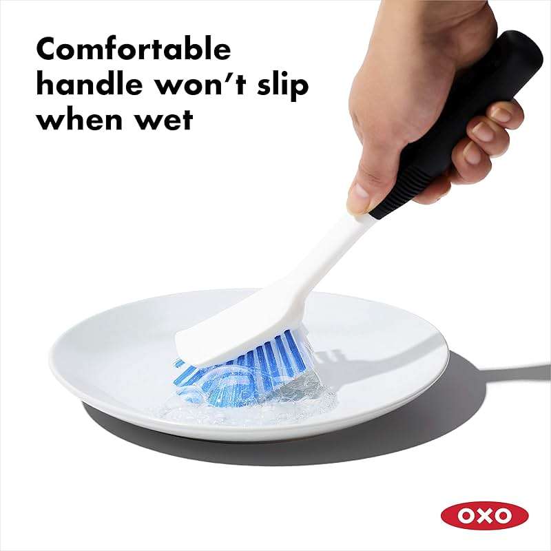 OXO Good Grips Dish Brush, Nylon Bristles with Built-in Scraper, Safe for Non-Stick Cookware, Non-Slip Handle, Dishwasher Safe - Image 3