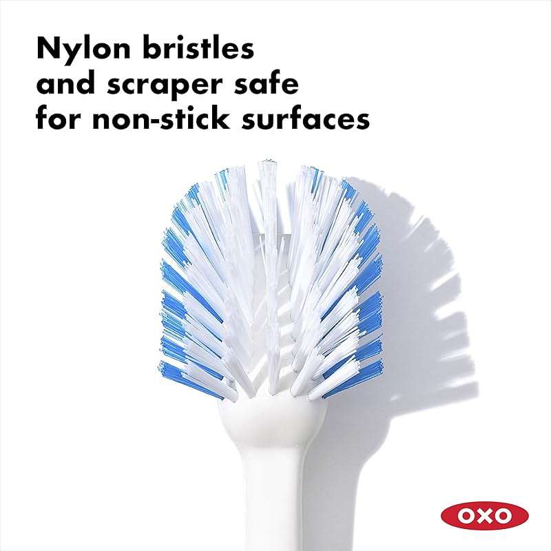 OXO Good Grips Dish Brush, Nylon Bristles with Built-in Scraper, Safe for Non-Stick Cookware, Non-Slip Handle, Dishwasher Safe - Image 4