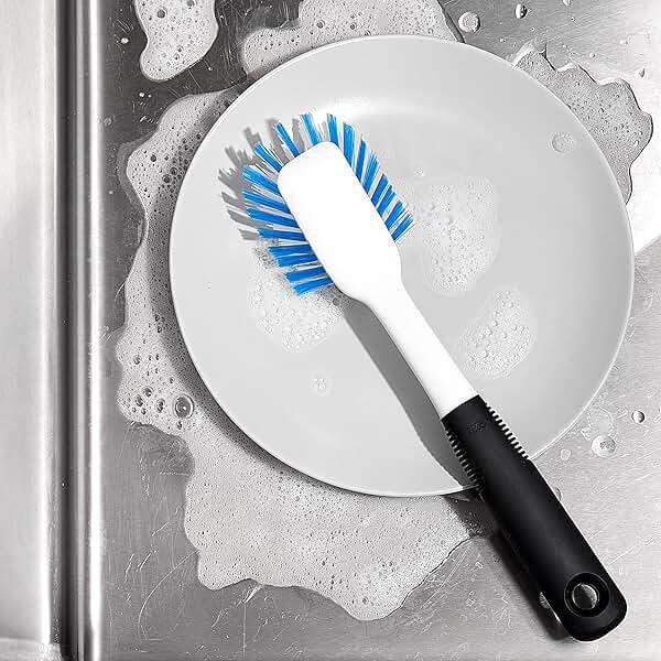 OXO Good Grips Dish Brush, Nylon Bristles with Built-in Scraper, Safe for Non-Stick Cookware, Non-Slip Handle, Dishwasher Safe - Image 7