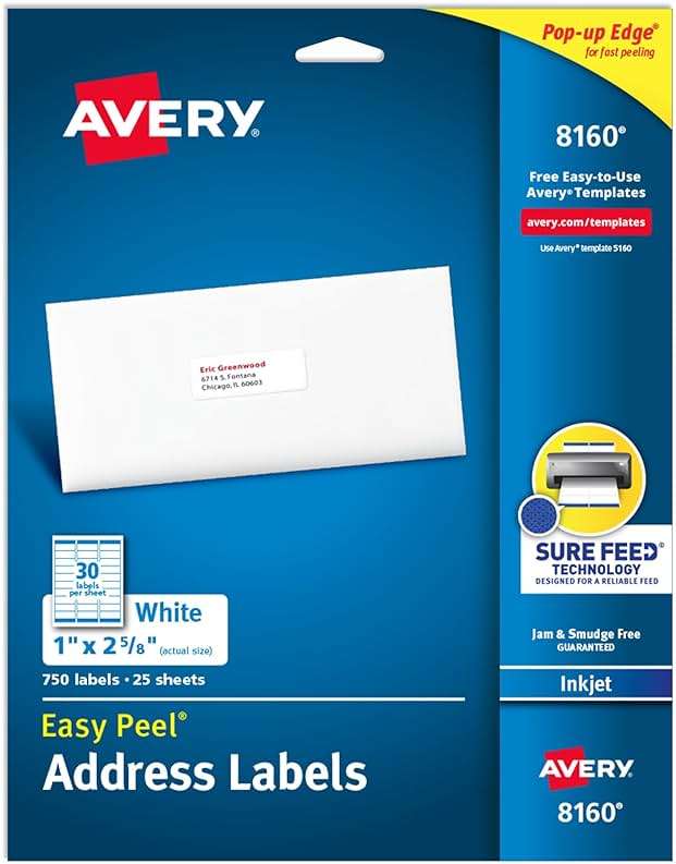 Avery Easy Peel Printable Address Labels with Sure Feed, 1" x 2-5/8" Customizable Stickers, White, 750 Blank Mailing Labels, Great for Mailing, Shipping, and More (8160) - Image 1