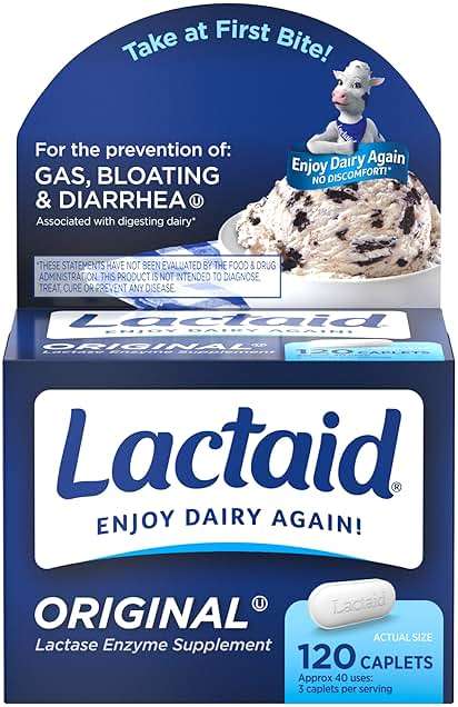 Lactaid Original Strength 9000 FCC Lactase Enzyme Unflavored Caplets Works Fast for Lactose Intolerance, Helps Prevent Gas, Bloating, and Diarrhea Associated with Dairy, 120 Ct - Image 1