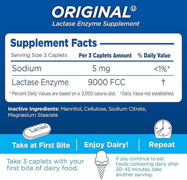 Lactaid Original Strength 9000 FCC Lactase Enzyme Unflavored Caplets Works Fast for Lactose Intolerance, Helps Prevent Gas, Bloating, and Diarrhea Associated with Dairy, 120 Ct - Image 5