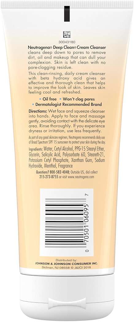 Neutrogena Deep Clean Daily Facial Cream Cleanser with Beta Hydroxy Acid to Remove Dirt, Oil & Makeup, Alcohol-Free, Oil-Free & Non-Comedogenic, 7 fl. oz - Image 9