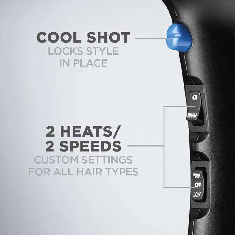 Conair Fast Dry Lightweight Hair Dryer | Powerful 1875W motor for thick and coarse hair, includes diffuser & concentrator attachments, Blue/Black, 146NXL - Image 3