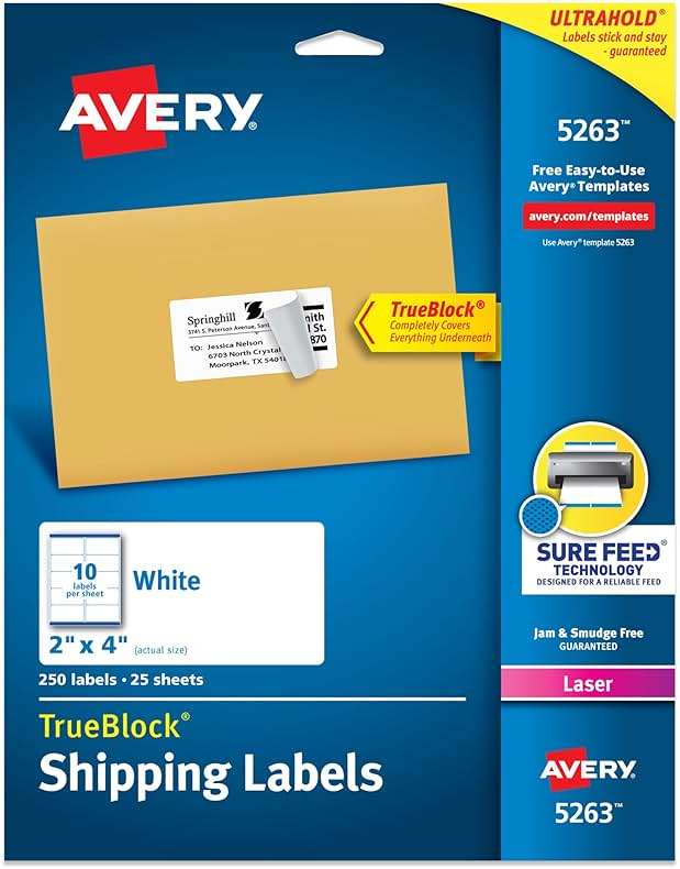 Avery Printable Shipping Labels with Sure Feed, 2" x 4" Customizable Stickers, White, 250 Blank Mailing Labels, Great for Mailing, Shipping, and More (5263) - Image 1