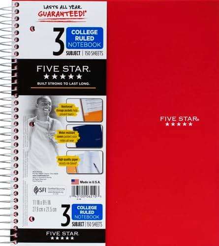 Five Star 06210 Wirebound 3-Subject Notebook, College Rule, 11 x 8 1/2, 150 Sheets, Assorted - Image 3