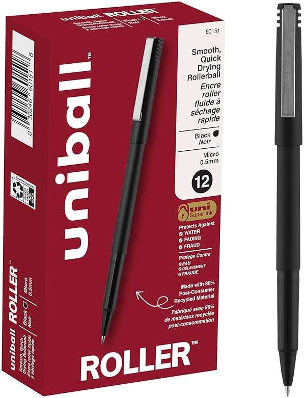 uniball Roller Rollerball Pens, Micro Point (0.5mm), Black, 12 Pack - Image 1