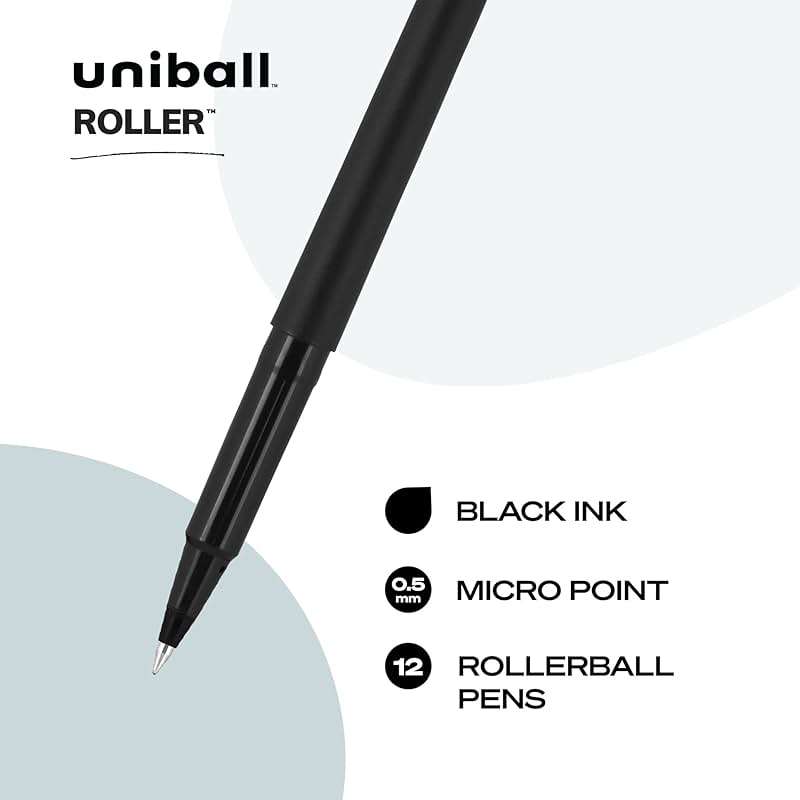 uniball Roller Rollerball Pens, Micro Point (0.5mm), Black, 12 Pack - Image 3