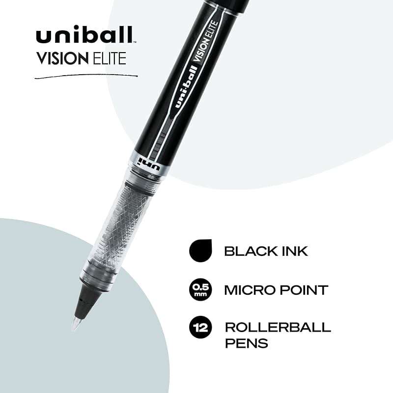 uni-ball Vision Elite Rollerball Pens Fine Point Micro Tip, 0.5mm, Black, 12 Pack - Image 3