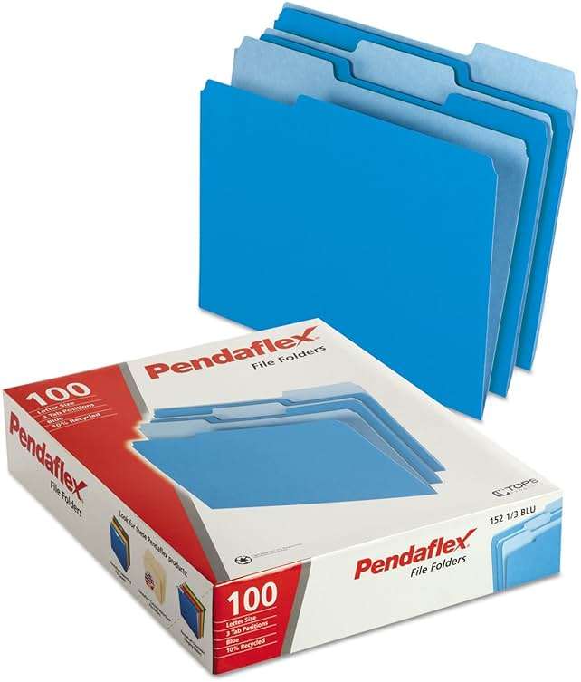 Pendaflex Two-Tone Color File Folders, Letter Size, Blue, 1/3 Cut, 100 per box (152 1/3 BLU), 12 inches - Image 3