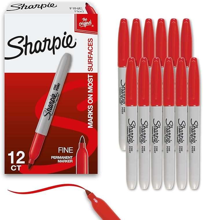 Sharpie Permanent Markers, Fine Tip, Red, 12 Count - Office Supplies, Quick Drying, Fade Resistant, For Plastic, Metal, Wood, And More - Image 1