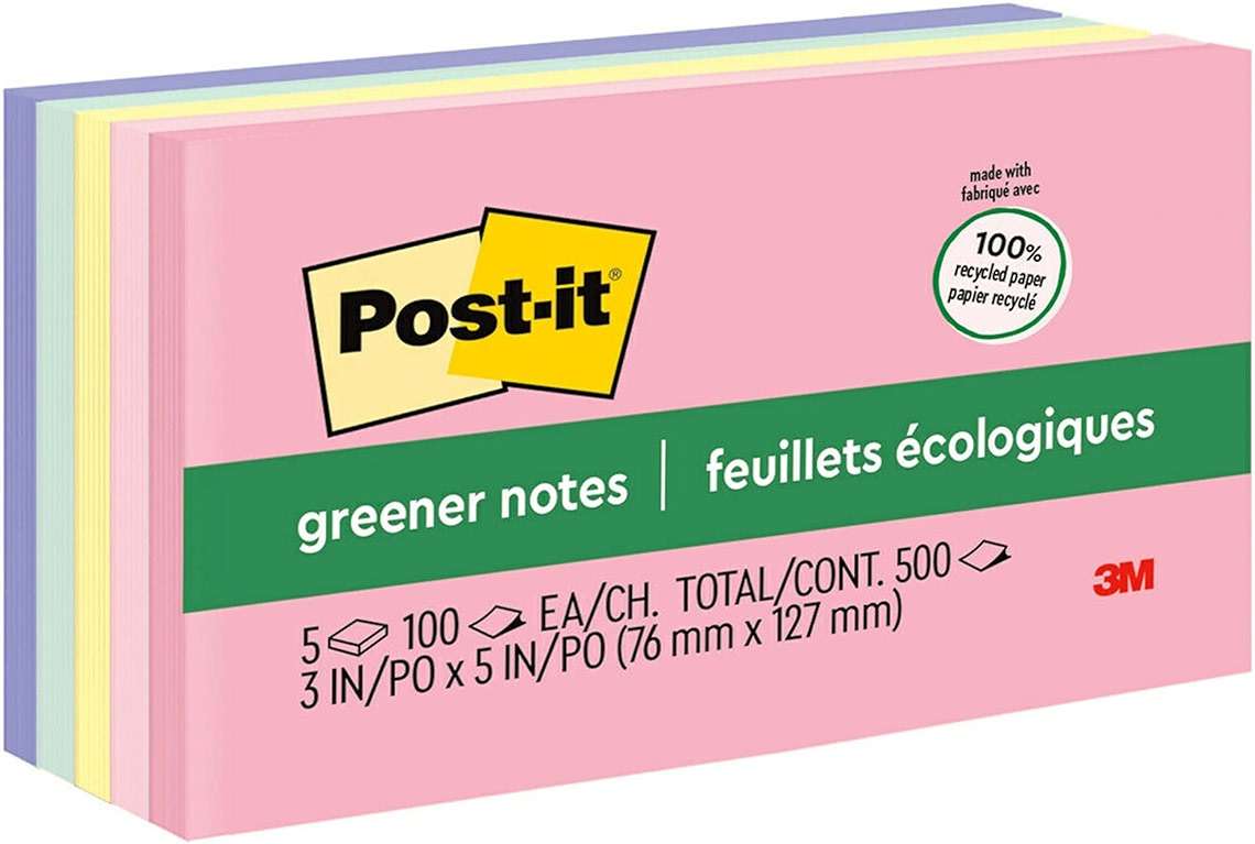 Post-it Greener Notes 3x5 in 5 Pads America's #1 Favorite Sticky Notes Helsinki Collection Pastel Colors (Pink Blue Mint Yellow) Clean Removal 100% Recycled Material (655-RP-A) - Image 1