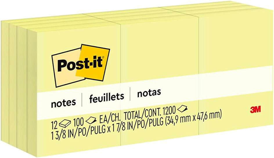 Post-it Notes, 1 /3/8 x 1 7/8 in, 12 Sticky Notes Pads, 100 Sheets per Pad, Canary Yellow, The Original Post-it Note, School Supplies and Office Products - Image 1