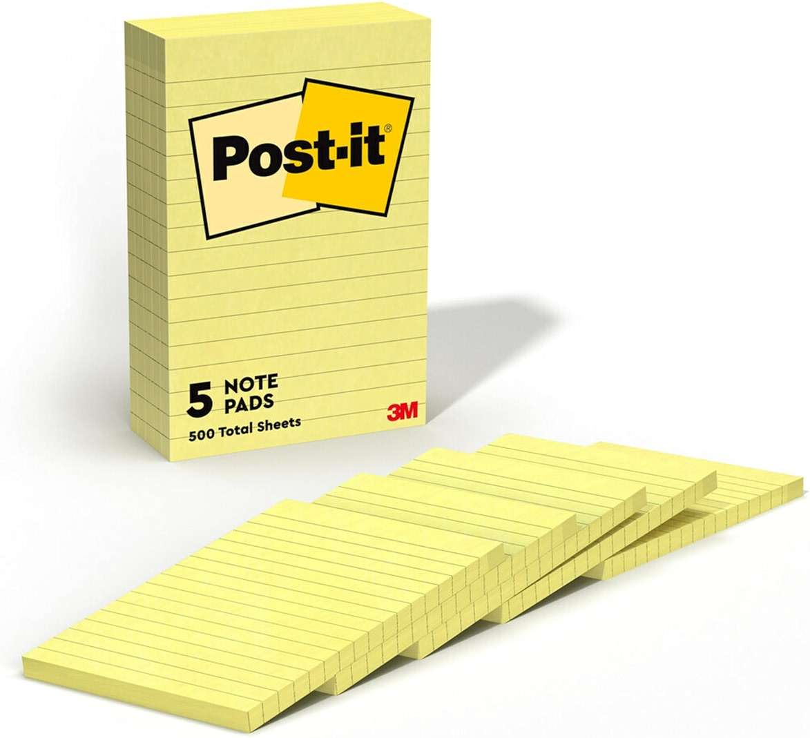 Post-it Notes, 4 in x 6 in, 5 Lined Sticky Notes Pads, 100 Sheets per Pad, Canary Yellow, The Original Post-it Note, School Supplies and Oﬃce Products - Image 1