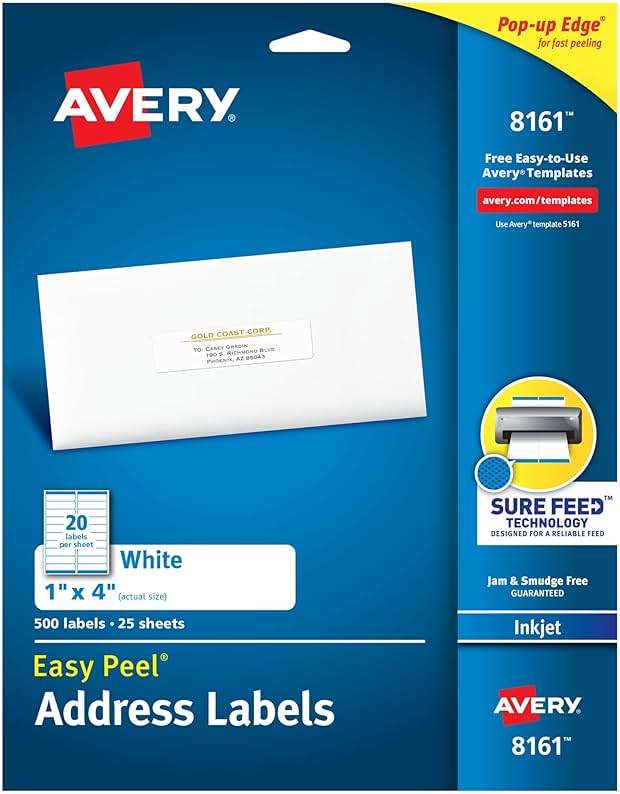 Avery Easy Peel Printable Address Labels with Sure Feed, 1" x 4", White, 500 Blank Mailing Labels (08161) - Image 1