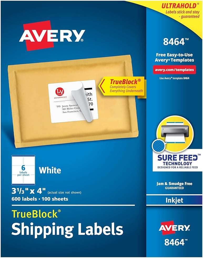 Avery Printable Shipping Labels, Sure Feed Technology, 3-1/3" x 4", White, 600 Blank Mailing Labels (8464) - Image 1