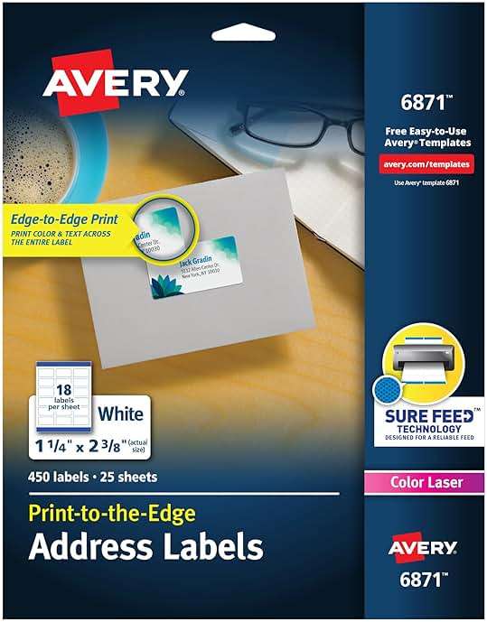 Avery Print-to-the-Edge Printable Address Labels, 1-1/4" x 2-3/8", Matte White, Sure Feed Technology, Laser & Inkjet Compatible, 450 Blank Labels, Great for Mailing, School Supplies, and More (6871) - Image 1