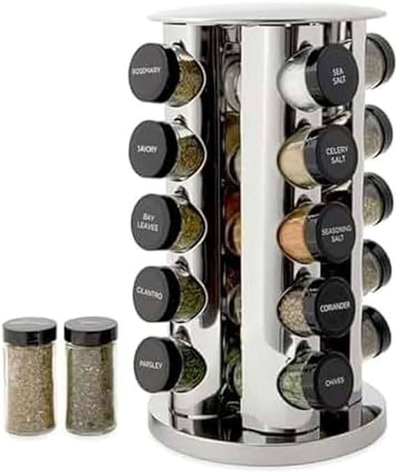 Kamenstein 20 Jar Revolving Countertop Spice Rack with Spices Included, FREE Spice Refills for 5 Years, Polished Stainless Steel with Black Caps, 30020 - Image 1
