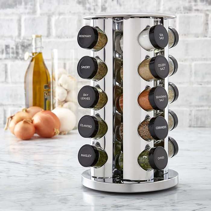 Kamenstein 20 Jar Revolving Countertop Spice Rack with Spices Included, FREE Spice Refills for 5 Years, Polished Stainless Steel with Black Caps, 30020 - Image 2