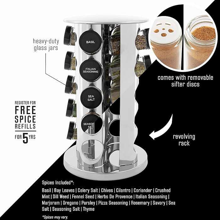 Kamenstein 20 Jar Revolving Countertop Spice Rack with Spices Included, FREE Spice Refills for 5 Years, Polished Stainless Steel with Black Caps, 30020 - Image 4