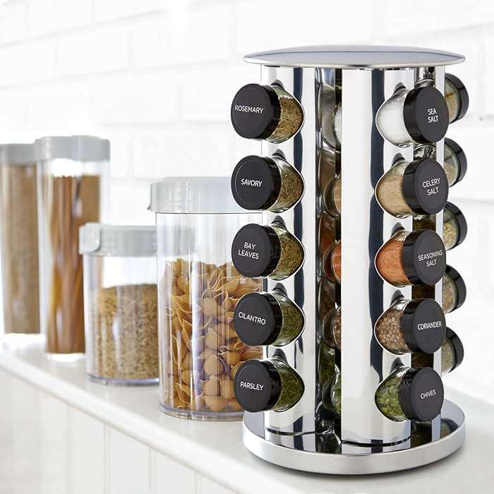 Kamenstein 20 Jar Revolving Countertop Spice Rack with Spices Included, FREE Spice Refills for 5 Years, Polished Stainless Steel with Black Caps, 30020 - Image 5