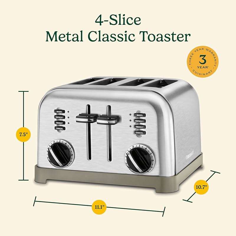 Cuisinart 4 Slice Compact Stainless Steel Toaster with Extra-Wide Slots for Bread, French Toast, Bagels & Pastries, Defrost & Reheat Functions, CPT-180P1, Brushed Stainless, Removable Crumb Tray - Image 3