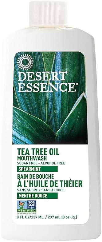 Desert Essence Alcohol-Free Mouthwash with Tea Tree Oil and Aloe, Sugar-Free, Oral Rinse to Provide Botanical Care for Teeth & Gums, Vegan, Non-GMO, SLS-Free, Gluten-Free, Spearmint Flavor, 8oz - Image 2