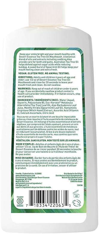 Desert Essence Alcohol-Free Mouthwash with Tea Tree Oil and Aloe, Sugar-Free, Oral Rinse to Provide Botanical Care for Teeth & Gums, Vegan, Non-GMO, SLS-Free, Gluten-Free, Spearmint Flavor, 8oz - Image 3