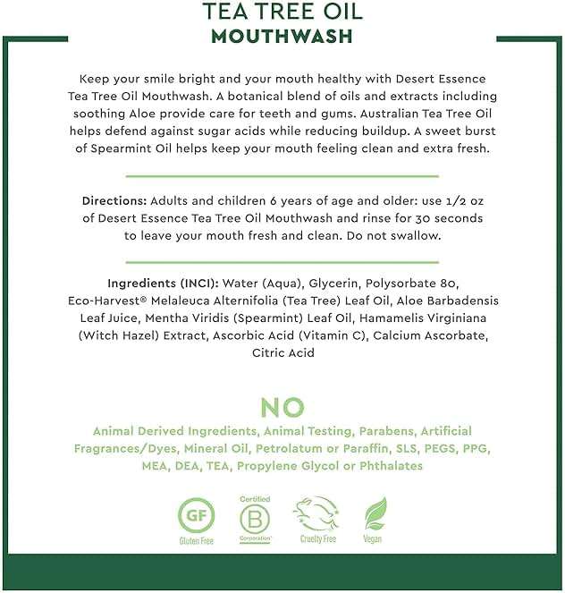 Desert Essence Alcohol-Free Mouthwash with Tea Tree Oil and Aloe, Sugar-Free, Oral Rinse to Provide Botanical Care for Teeth & Gums, Vegan, Non-GMO, SLS-Free, Gluten-Free, Spearmint Flavor, 8oz - Image 4