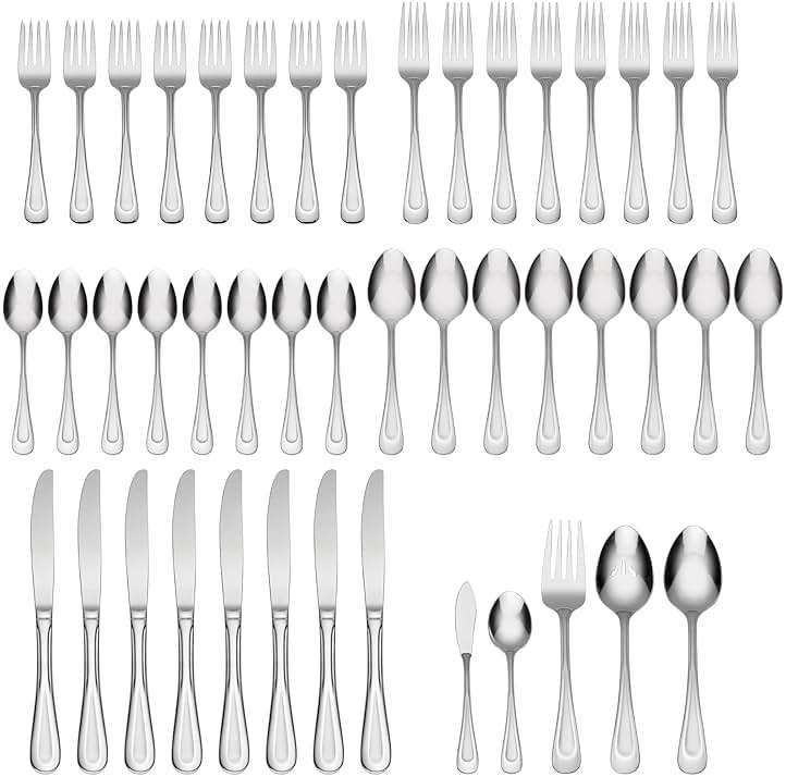 Oneida Silverware Set For 8, Satin Sand Dune 45-Piece Everyday Flatware Set with Serving Utensils, Service For 8, 18/0 Stainless Steel Silverware, Knives Spoons and Forks (Silver, 45 Piece) - Image 3