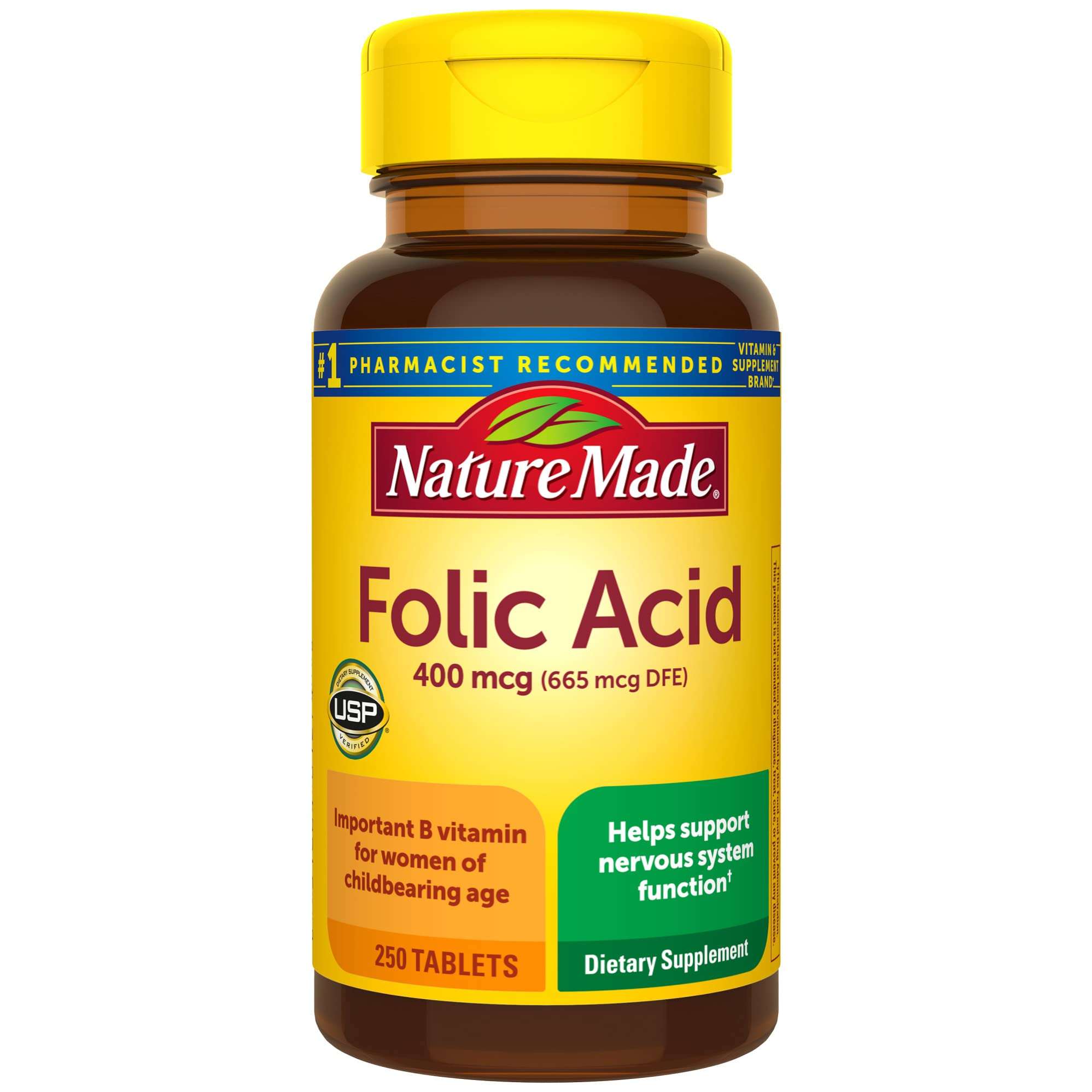 Nature Made Folic Acid 400 mcg (665 mcg DFE) Dietary Supplement for Nervous System Function, Folic Acid Supplements for Women and Men, 250 Tablets, 250 Day Supply - Image 1