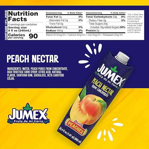 Jumex Peach Juice Nectar - Peach Nectar Made with Fresh Fruit Puree - Tropical Fruit Juice Concentrate for Smoothie Mix, Cocktail Mixers, Kids Drinks & Mexican Beverages - 32.4oz, 1 Pack Carton - Image 2