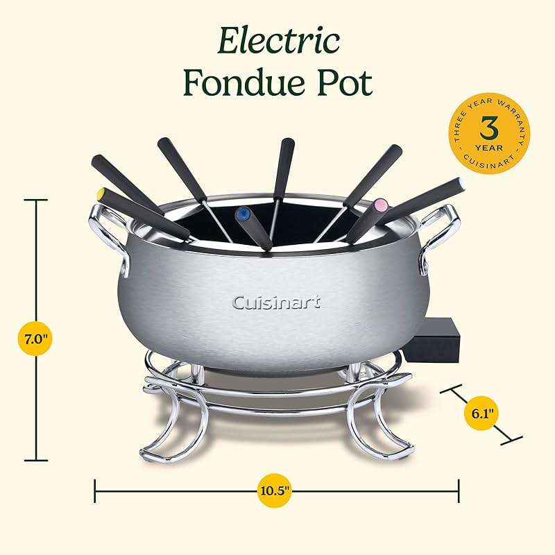 Cuisinart Fondue Pot Set, 3-Quart Stainless Steel Electric Fondue Pot for Chocolate, Cheese, Broth, and Oil, Includes 8 Forks, Temperature Control, Nonstick Interior, Dishwasher Safe, CFO-3SSNAS - Image 3