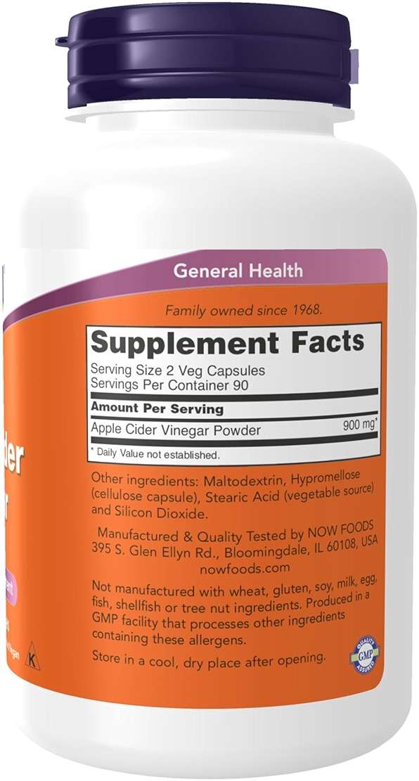 NOW Foods Supplements, Apple Cider Vinegar 450 mg, Derived from Fermentation of Sweet Apple Cider, 180 Veg Capsules - Image 2