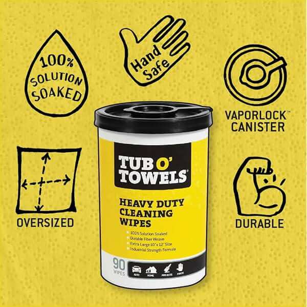 Tub O' Towels Heavy-Duty Multi-Surface Cleaning Wipes – Extra-Large 10" x 12", 90-Count Canister – Removes Grease, Tar, Ink & Tough Stains – Safe for Home, Auto, Garage & More - Image 2