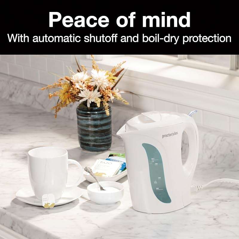 Proctor Silex Electric Tea Kettle, Water Boiler & Heater Auto-Shutoff & Boil-Dry Protection, 1000 Watts for Fast Boiling, 1 Liter, White - Image 2