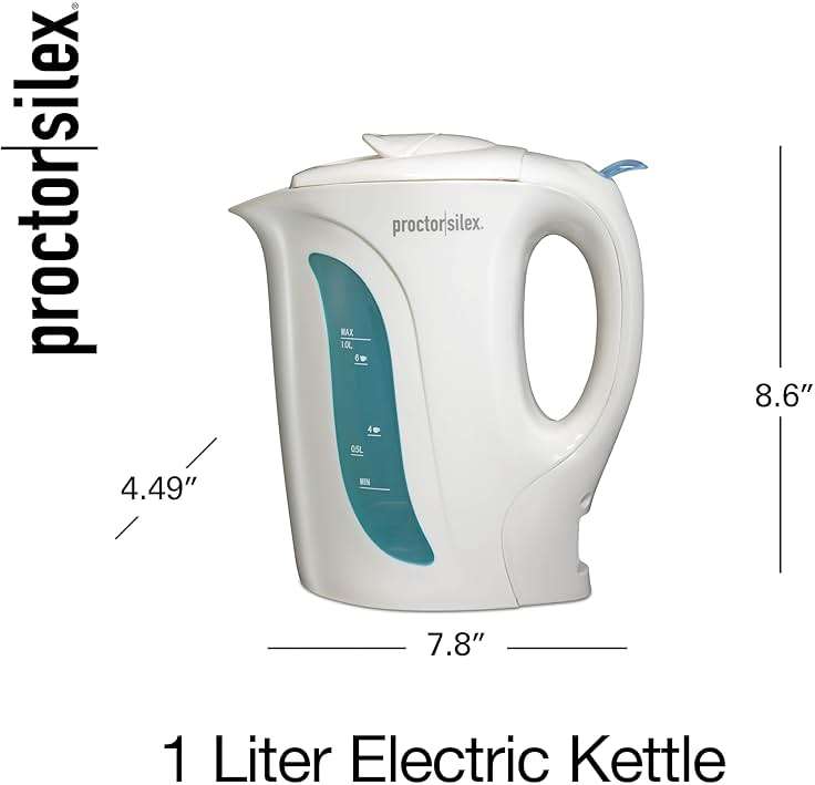 Proctor Silex Electric Tea Kettle, Water Boiler & Heater Auto-Shutoff & Boil-Dry Protection, 1000 Watts for Fast Boiling, 1 Liter, White - Image 3